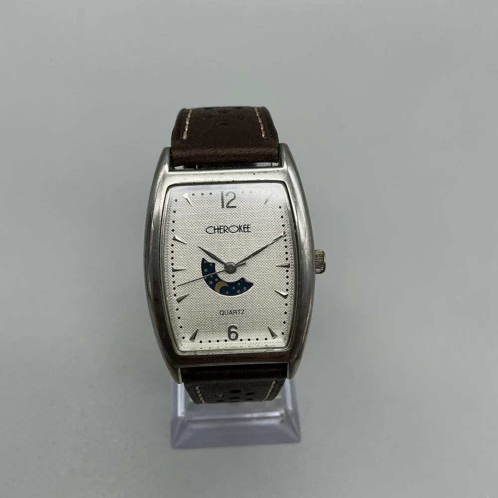 Cherokee 32-905 Womens Watch 30mm Silver Tone Moon Phase Leather Band New Batt